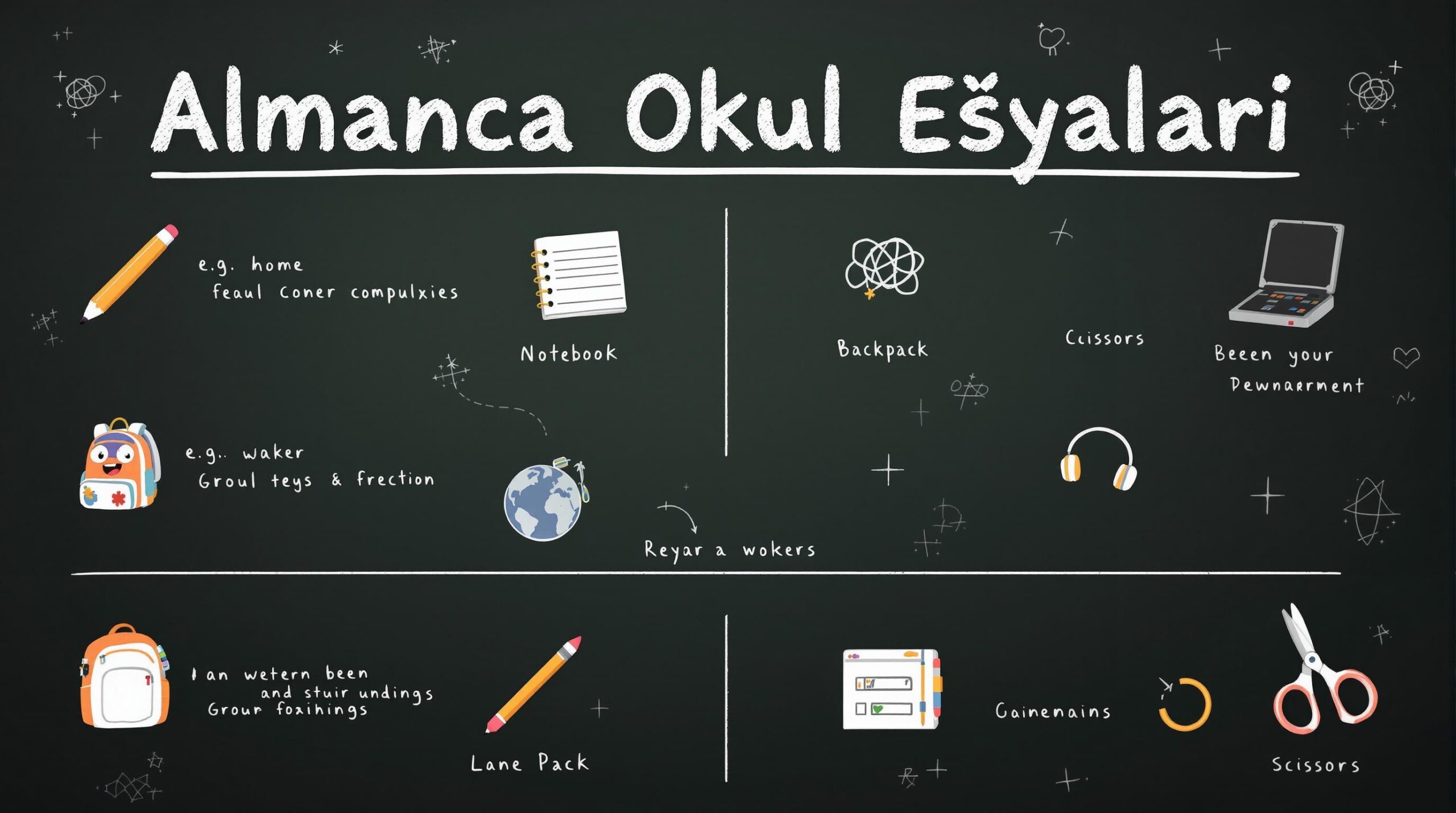 Bir kara tahta, komik yazım hatalarıyla resimli okul eşyalarını tuhaf bir şekilde sergiliyor: defter, sırt çantası, kalem, makas ve kulaklıklar. Hepsi Türkçe'de "Almanca Okul Eşyaları" olarak komik bir şekilde etiketlenmiş ve eğitim sahnesine eğlenceli bir hava katıyor.